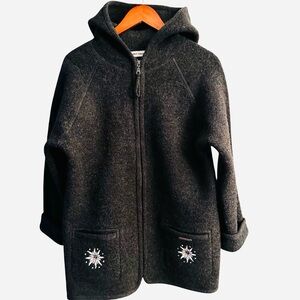 GADDY EMBROIDERED SHEEP &  STARS BOILED WOOL HOODED ZIP FRONT COAT Womens Med